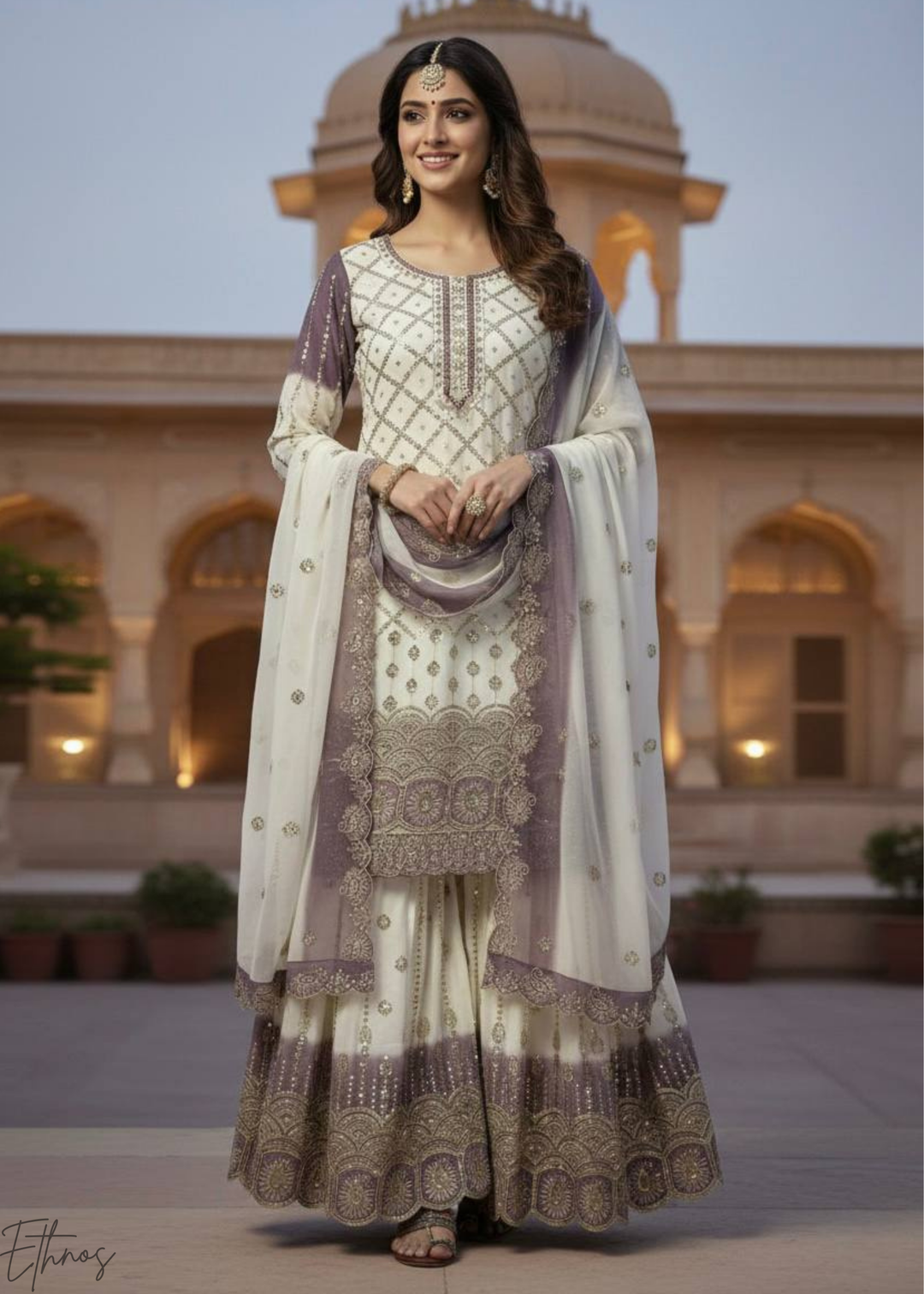 Mauve White Georgette Palazzo Suit