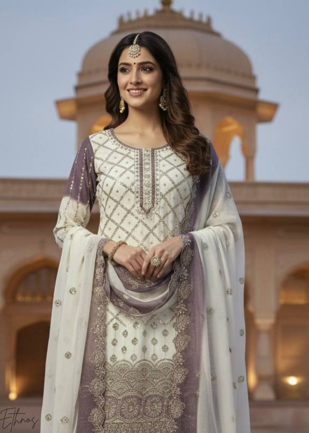 Mauve White Georgette Palazzo Suit