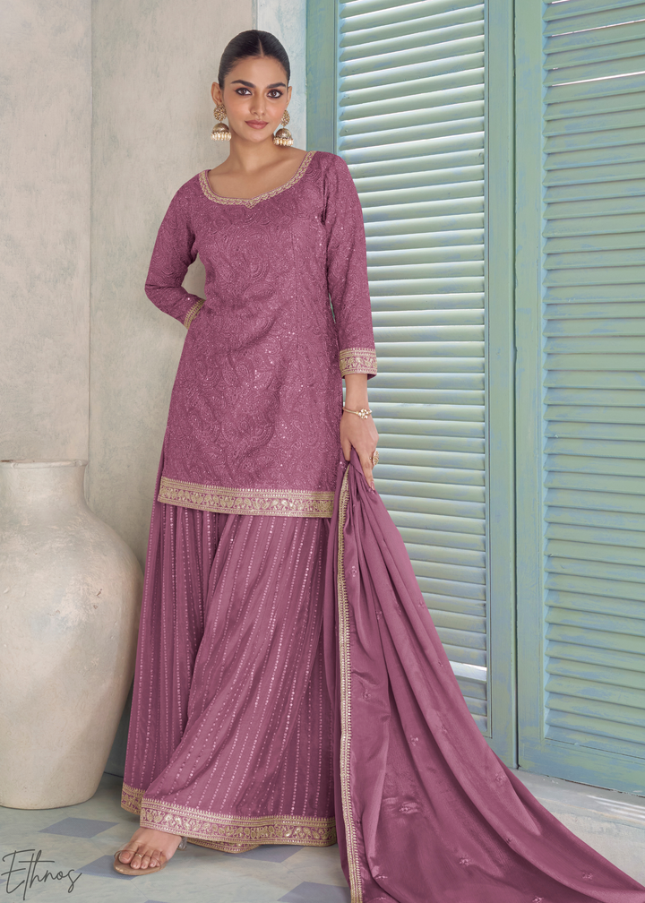 Mauve Zari-Encrusted Chinon Sharara Suit