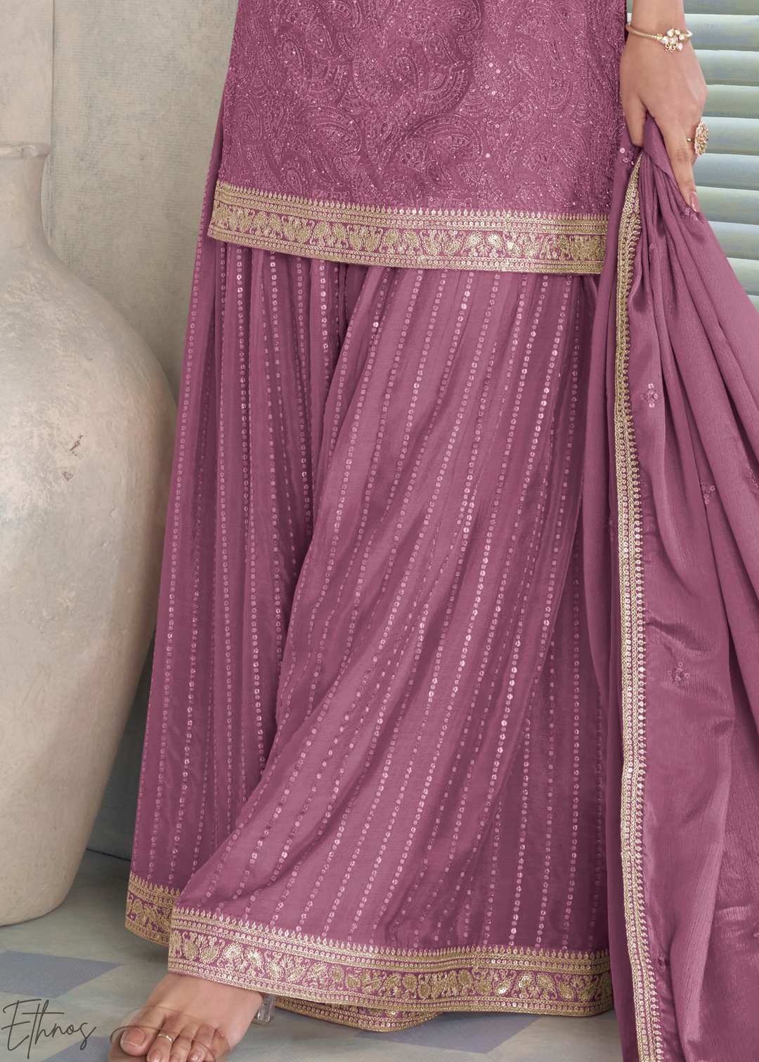 Mauve Zari-Encrusted Chinon Sharara Suit