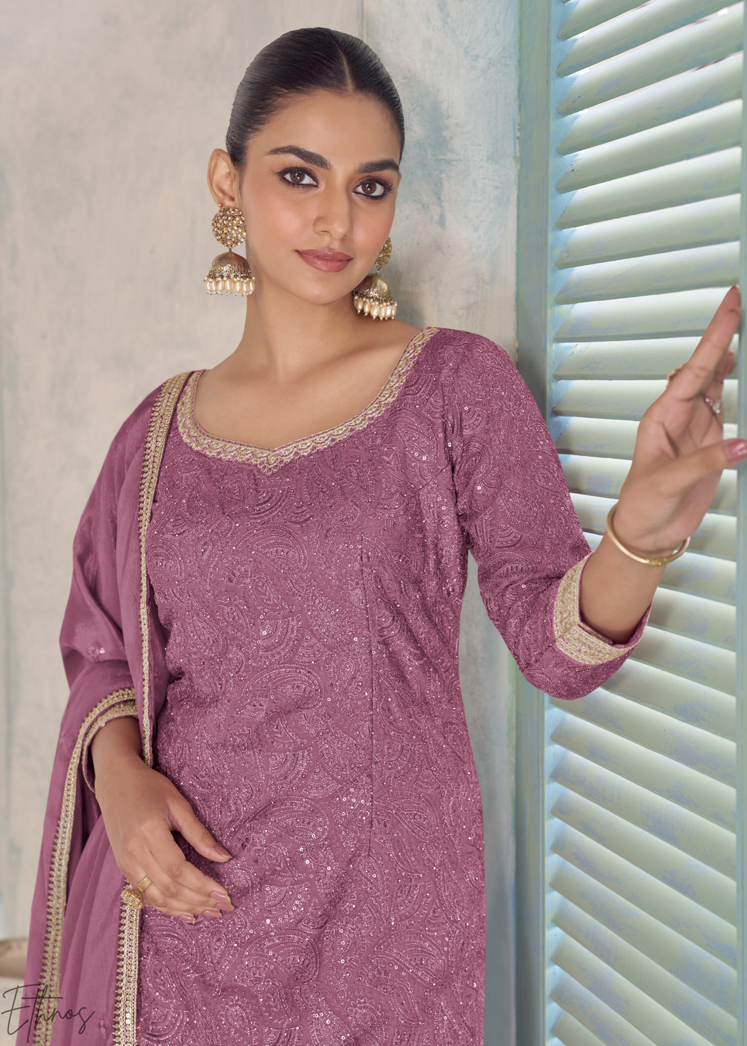 Mauve Zari-Encrusted Chinon Sharara Suit