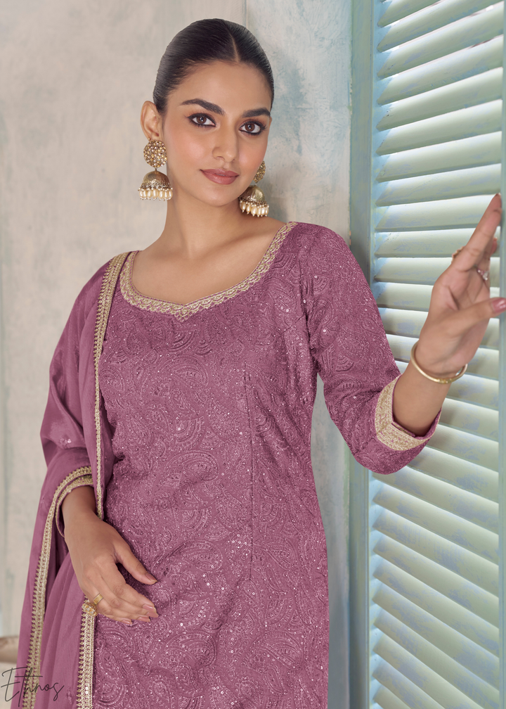 Mauve Zari-Encrusted Chinon Sharara Suit