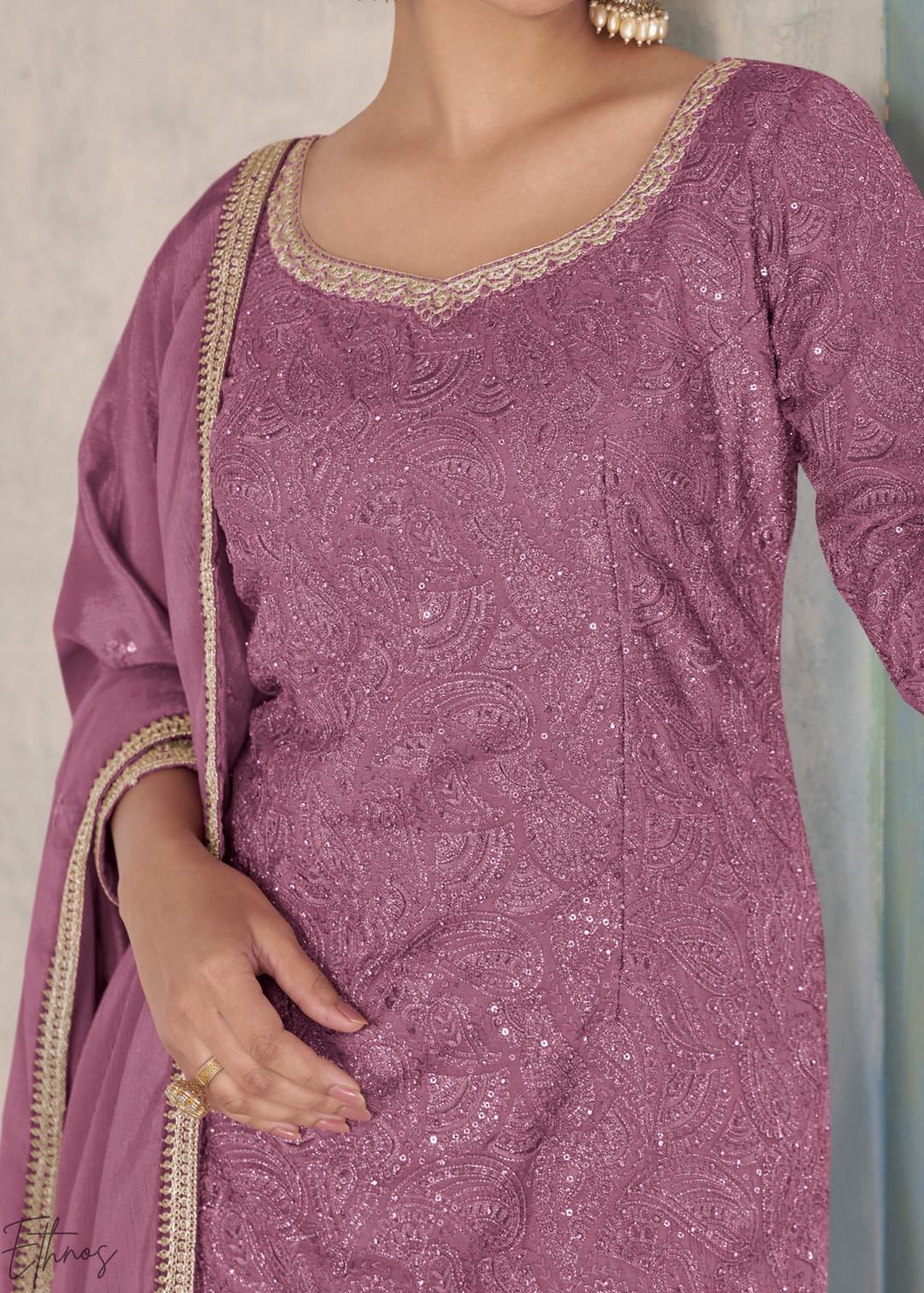 Mauve Zari-Encrusted Chinon Sharara Suit