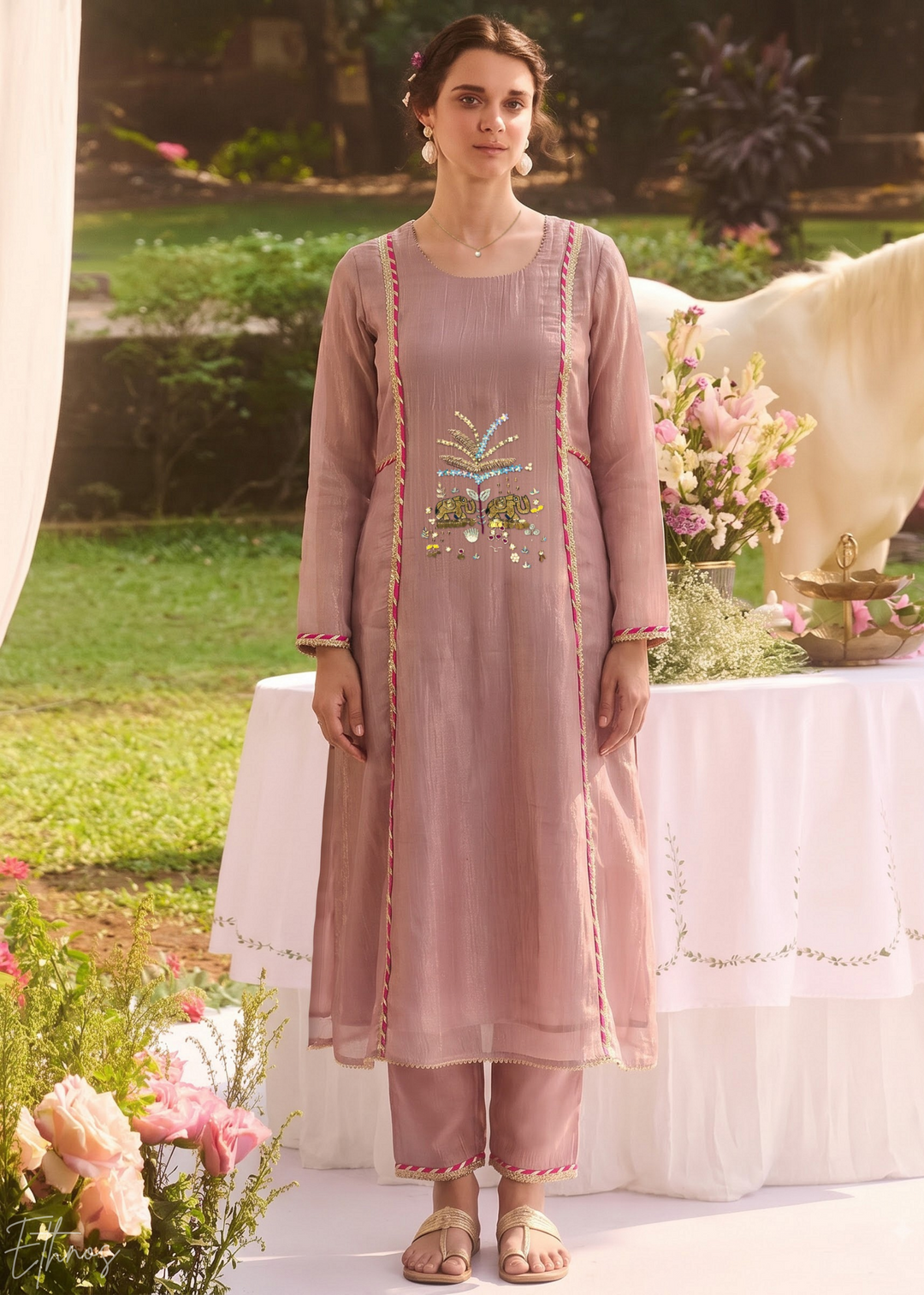 Mauve Blossom Filigree Tissue Palazzo Suit