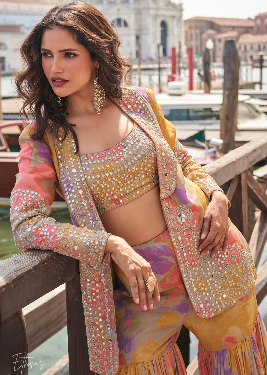 Mustard Jacket Chinon Sharara Choli Suit