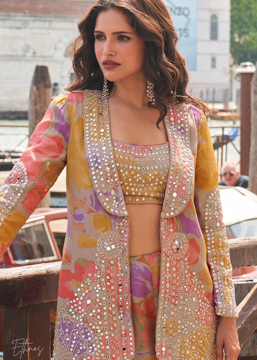 modern sharara dress with jacket Bright Yellow Embellished Chinon Silk Jacket Sharara Set