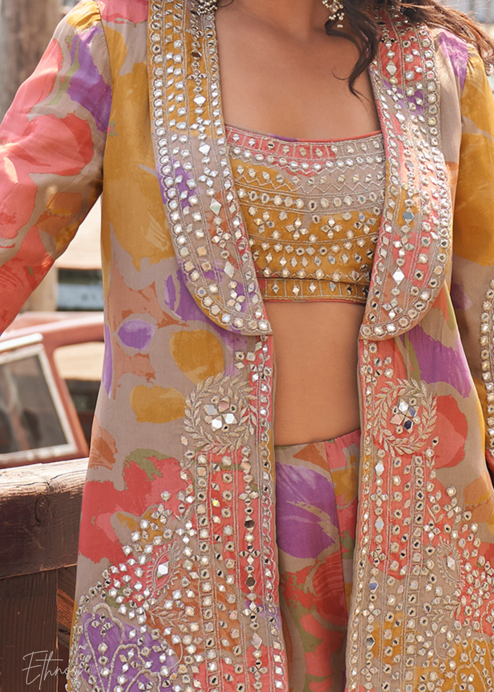 Mustard Jacket Chinon Sharara Choli Suit