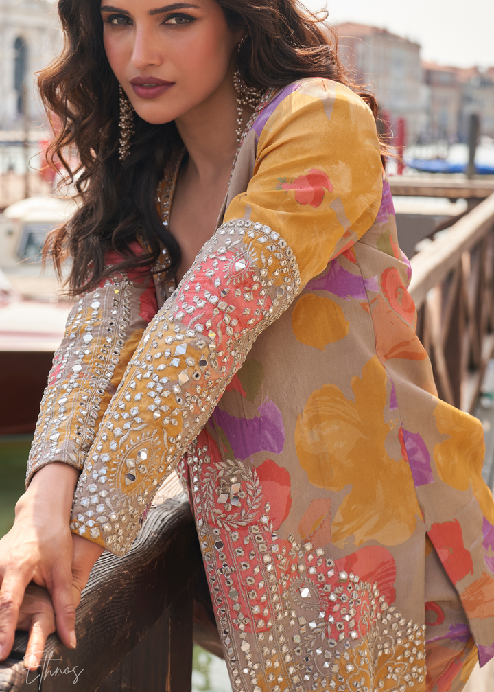 Mustard Jacket Chinon Sharara Choli Suit
