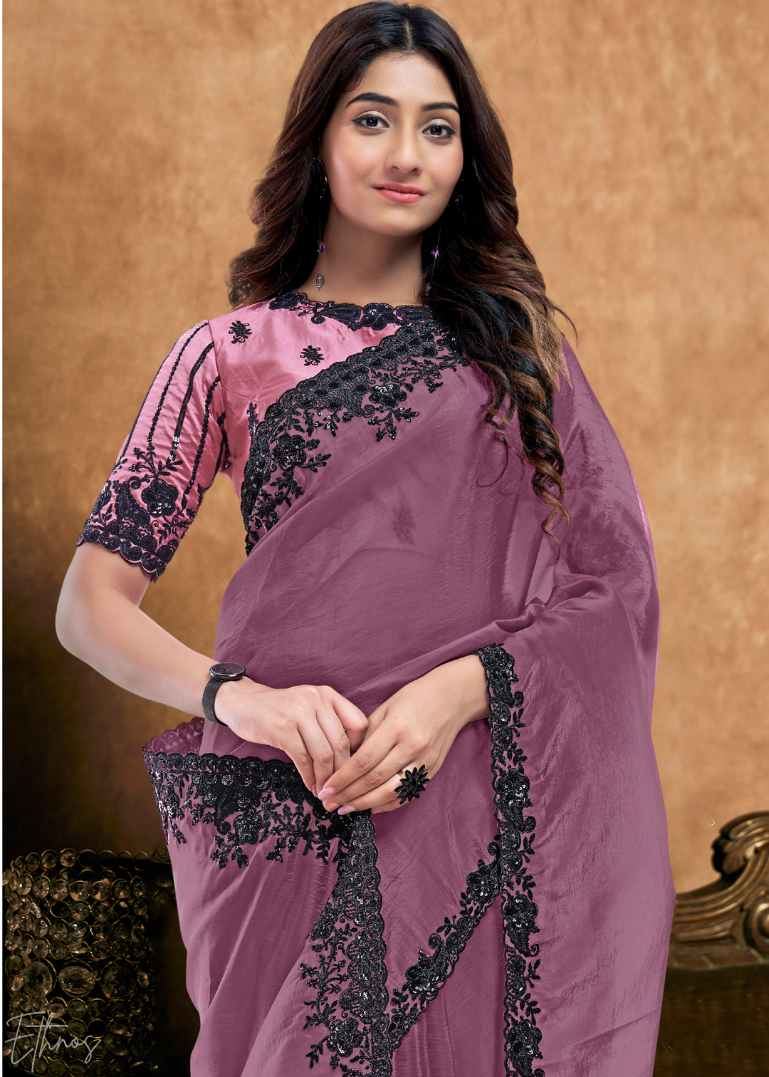 Mauve Orchid Sequin Embroidered Organza Satin Saree