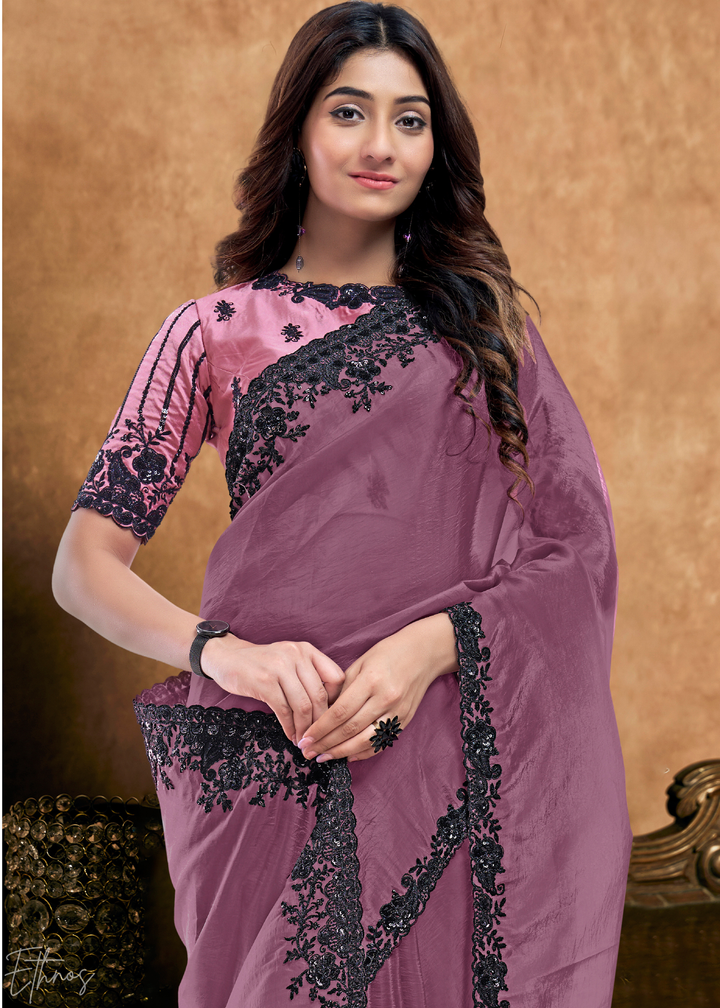 Mauve Orchid Sequin Embroidered Organza Satin Saree