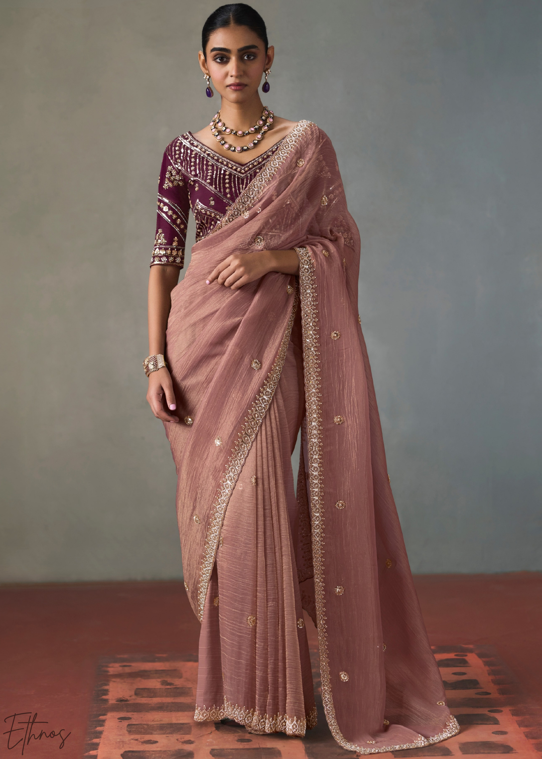 Mauve Floral Scallop Beaded Border Silk Saree