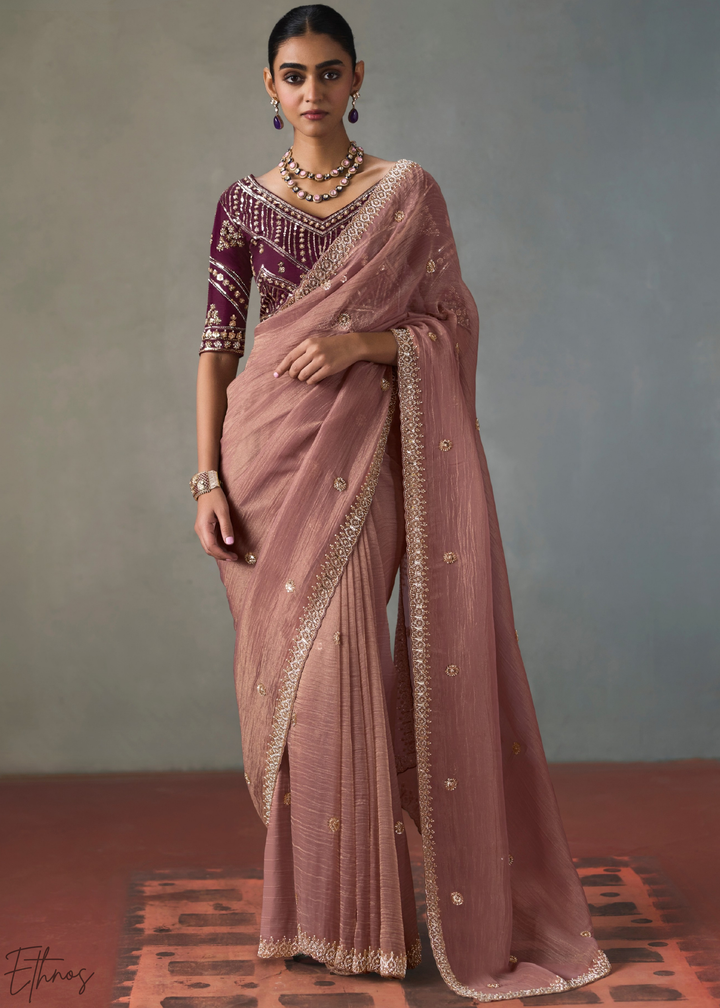 Mauve Floral Scallop Beaded Border Silk Saree
