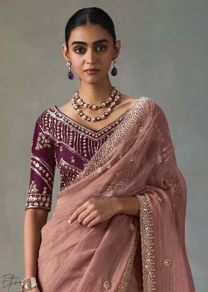 Mauve Floral Scallop Beaded Border Silk Saree