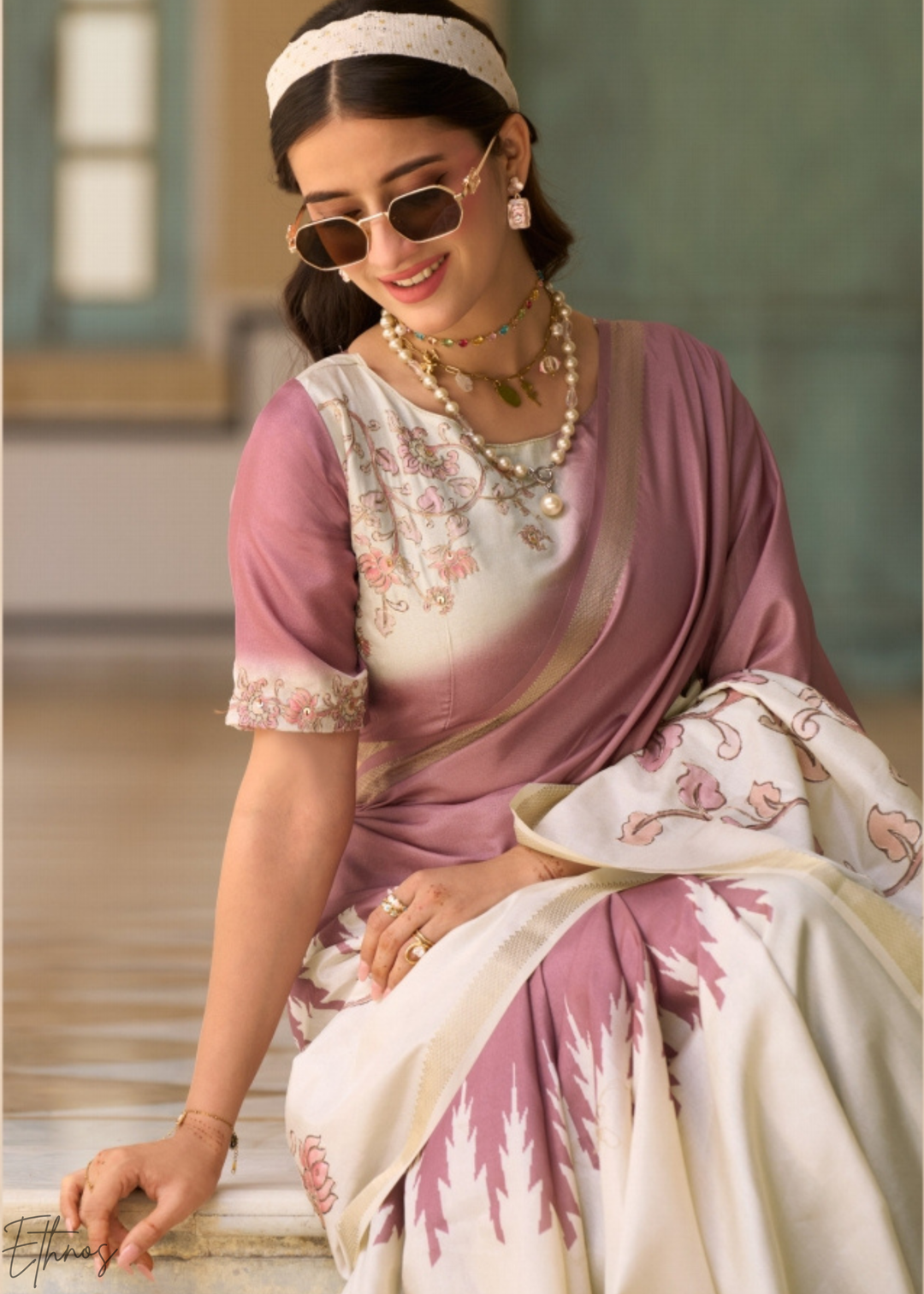 Mauve and Cream Floral Digital Print Tussar Silk