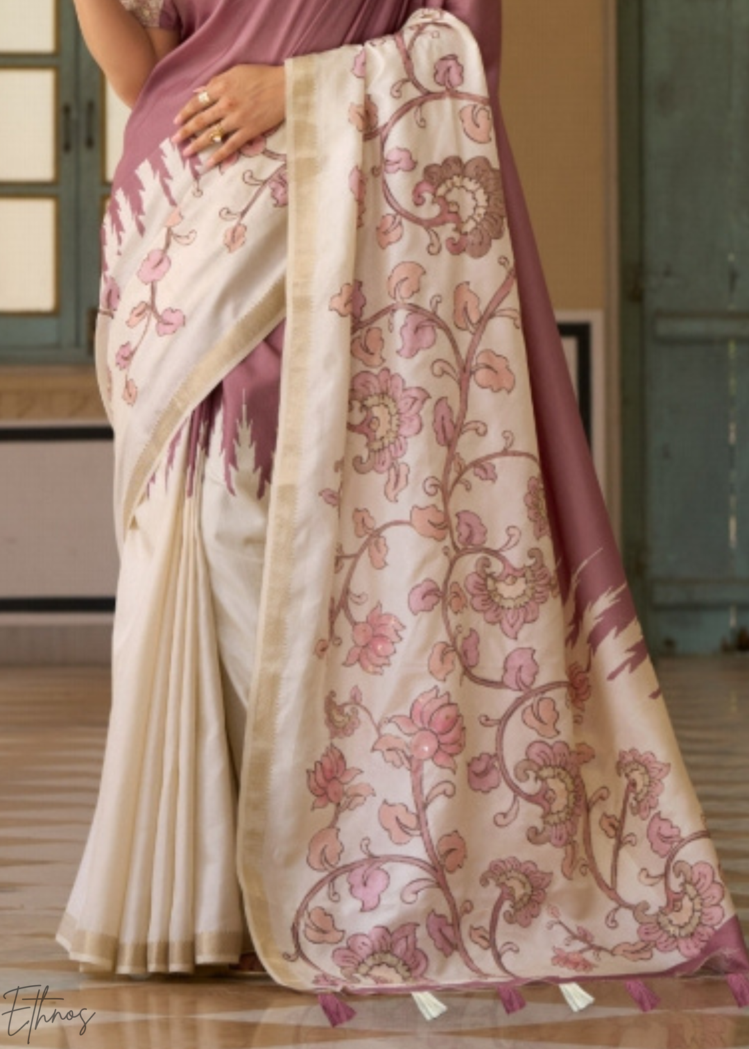 Mauve and Cream Floral Digital Print Tussar Silk
