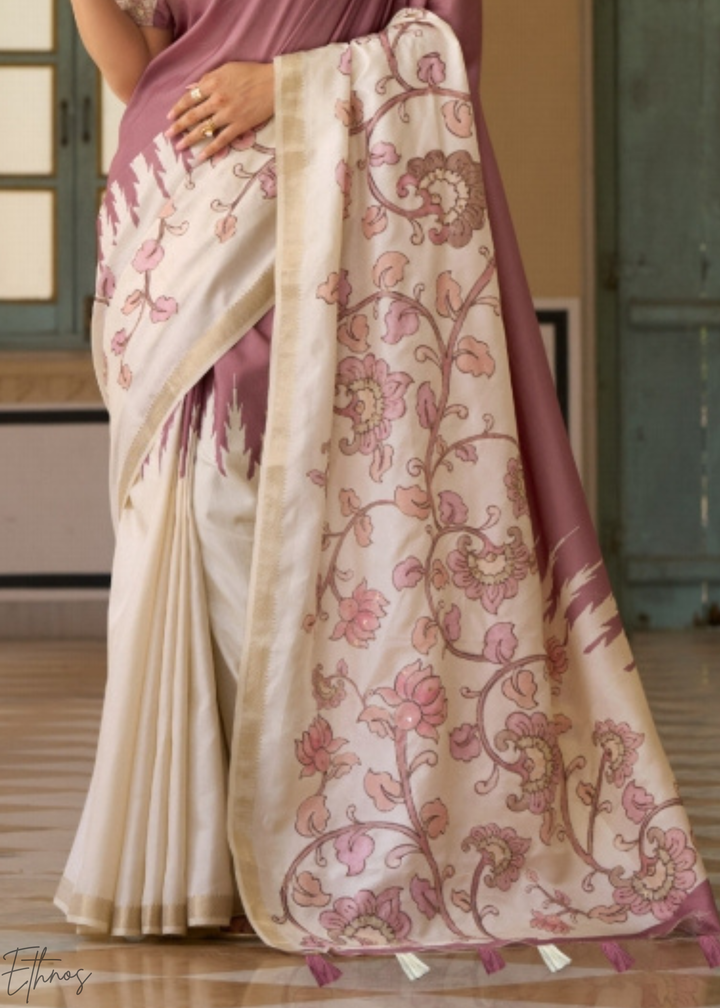 Mauve and Cream Floral Digital Print Tussar Silk
