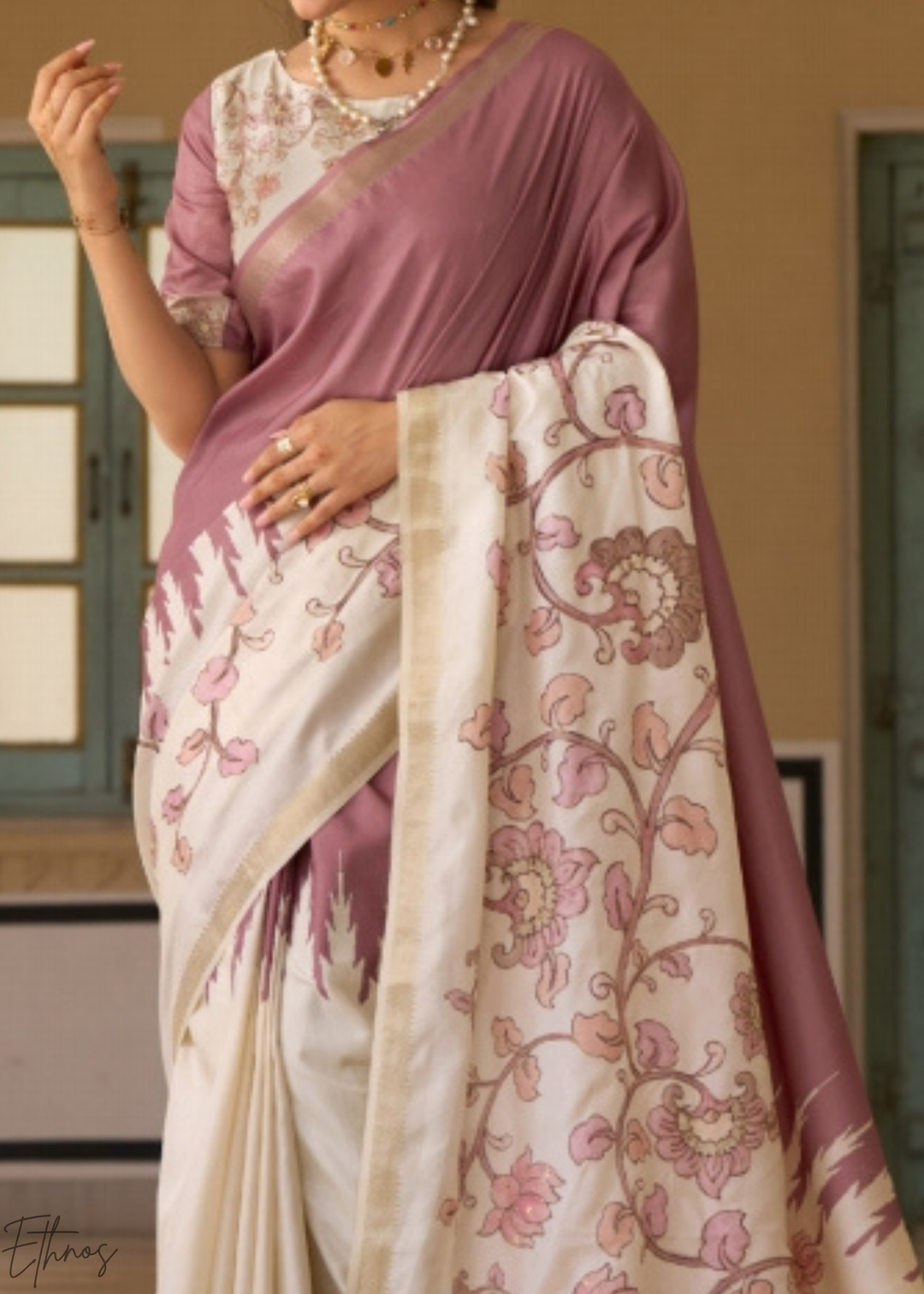 Mauve and Cream Floral Digital Print Tussar Silk