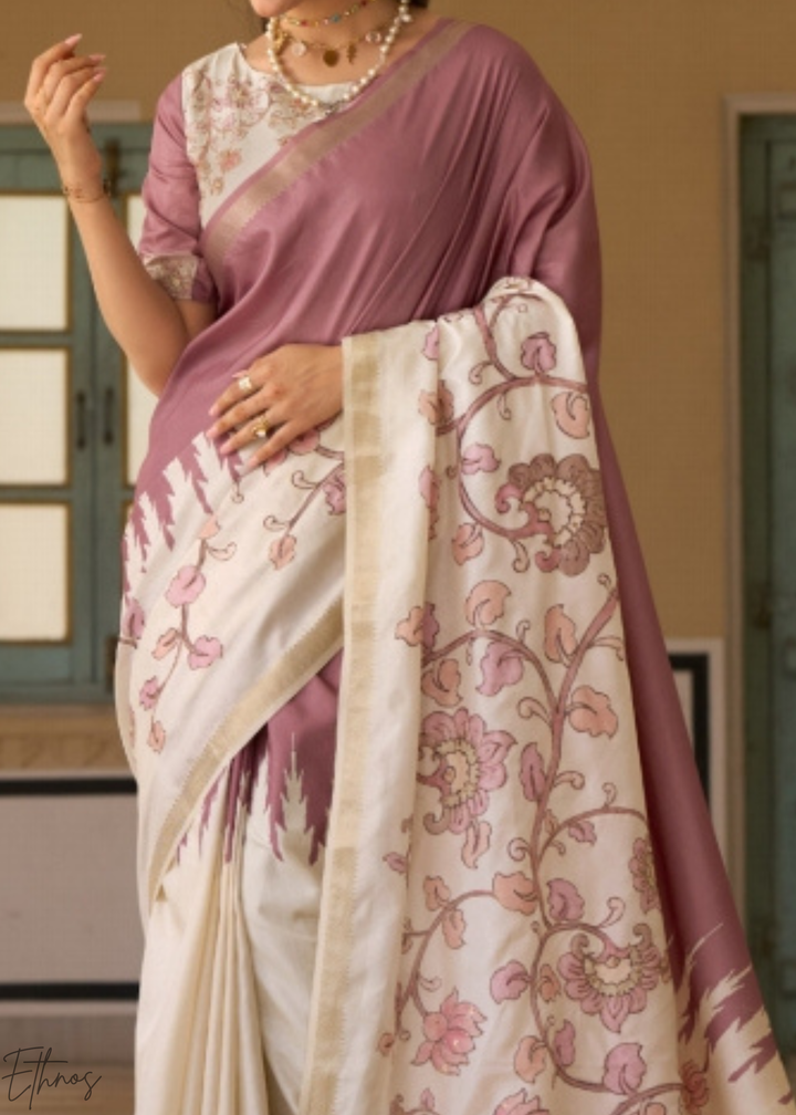 Mauve and Cream Floral Digital Print Tussar Silk