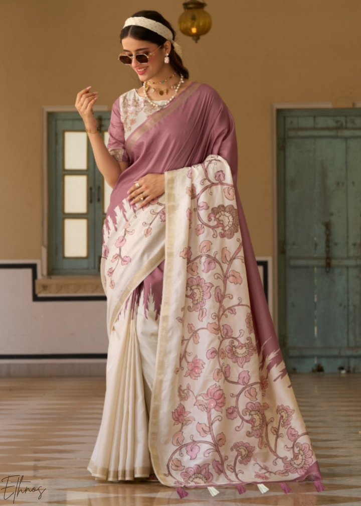 Mauve and Cream Floral Digital Print Tussar Silk