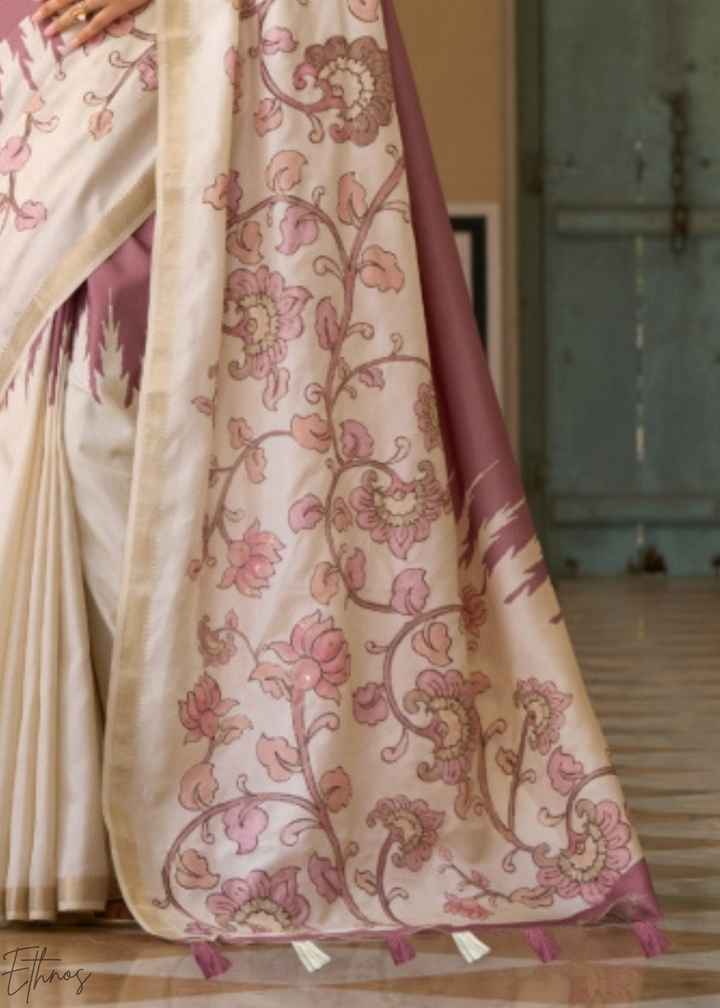 Mauve and Cream Floral Digital Print Tussar Silk