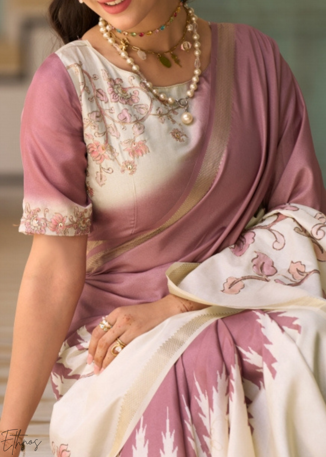 Mauve and Cream Floral Digital Print Tussar Silk