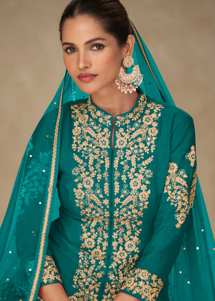 Mediterranean Teal Majestic Baroque Chinon Palazzo Suit