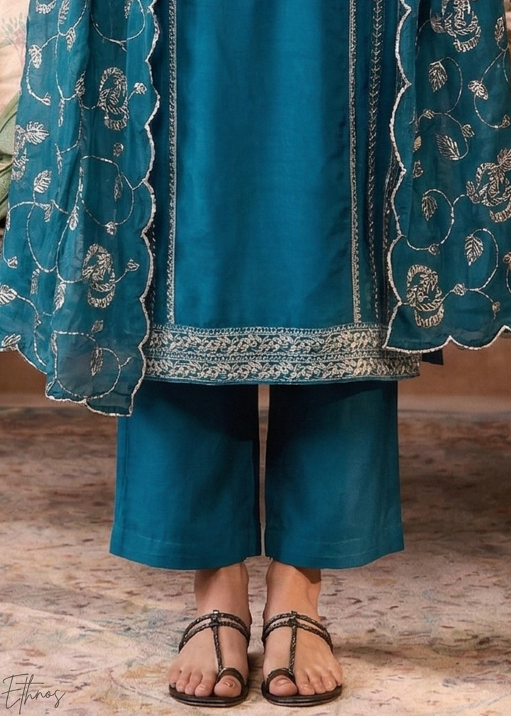 Mediterranean Teal Metallic Rose Organza Palazzo Suit