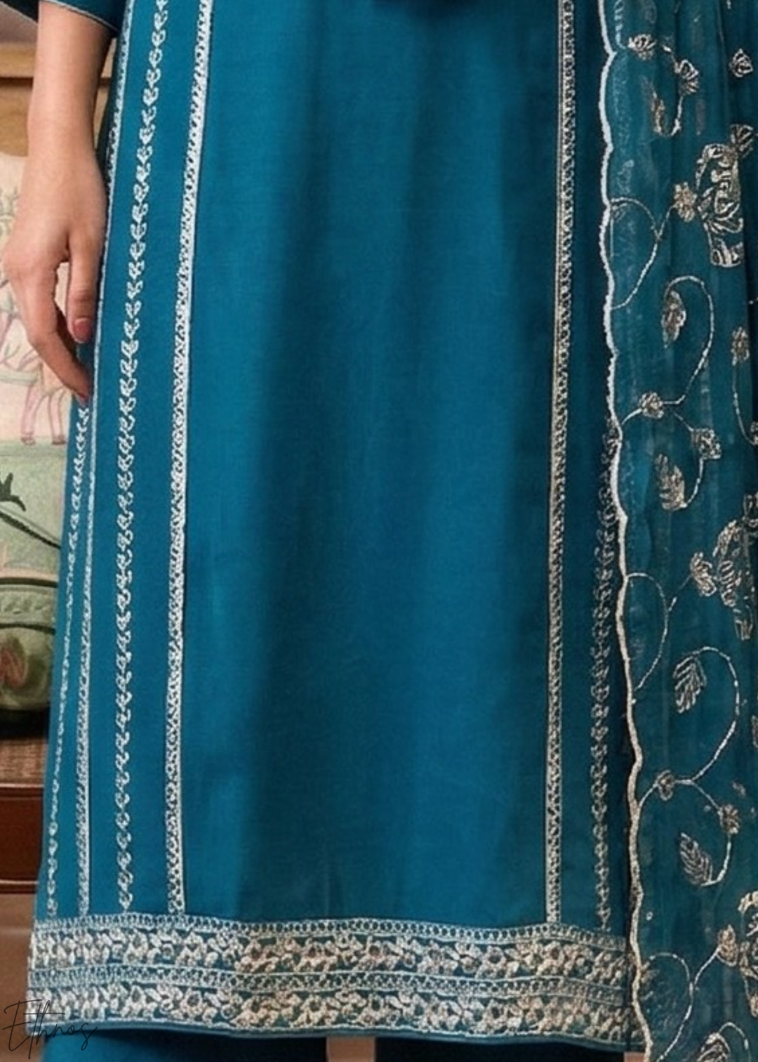 Mediterranean Teal Metallic Rose Organza Palazzo Suit