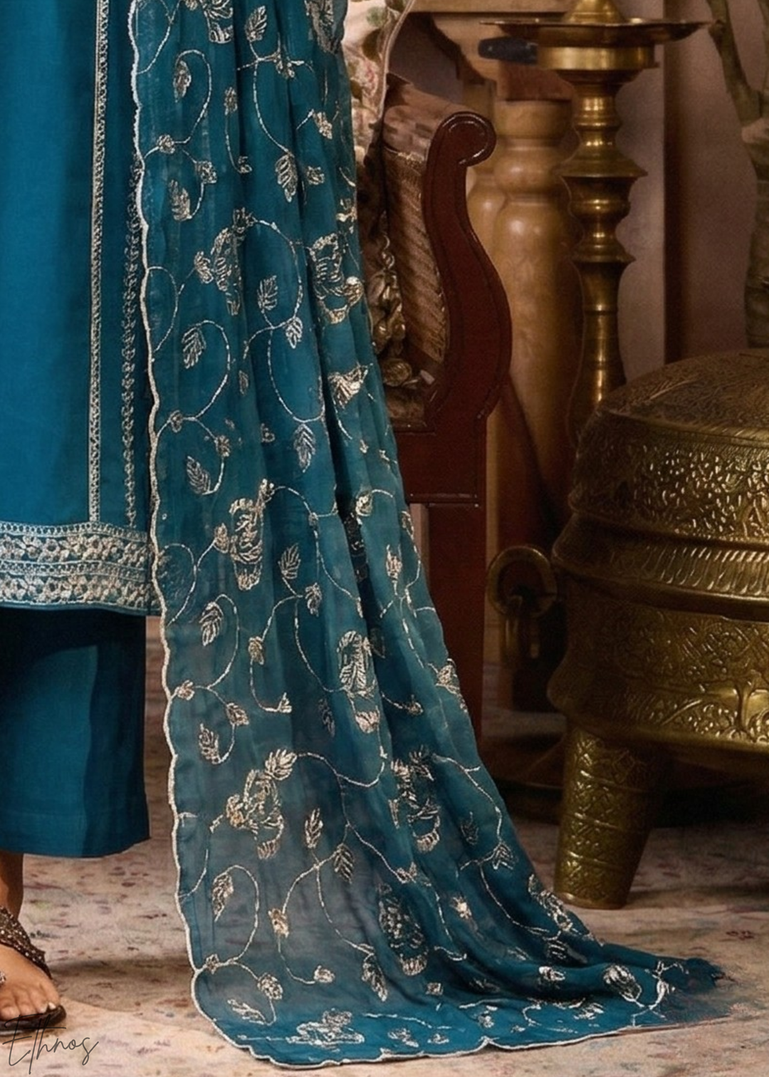 Mediterranean Teal Metallic Rose Organza Palazzo Suit