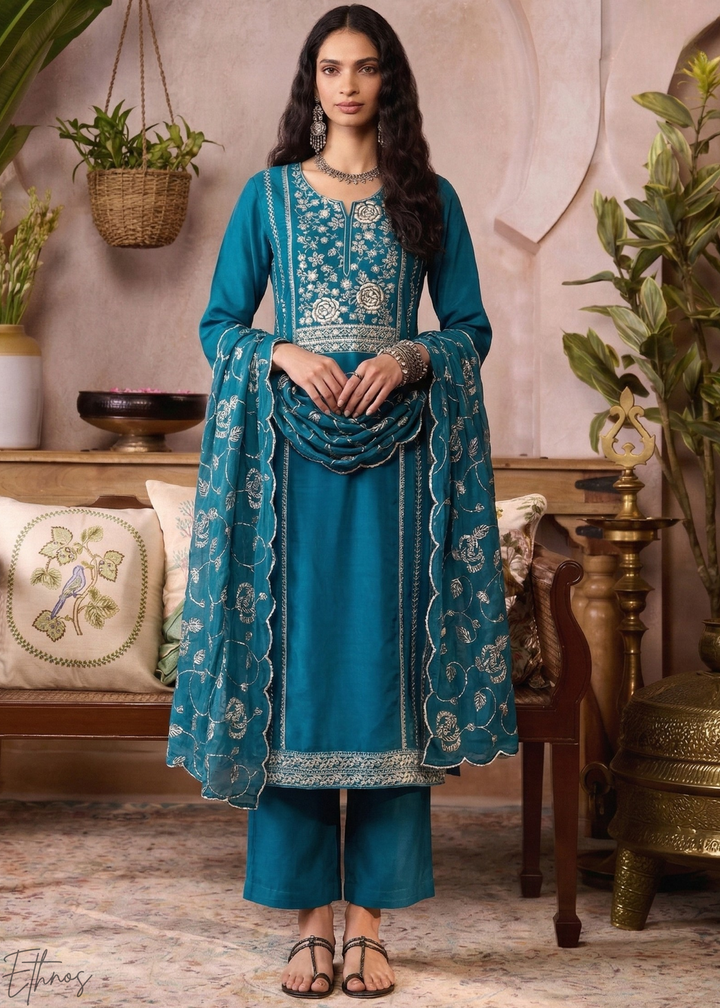 Mediterranean Teal Metallic Rose Organza Palazzo Suit