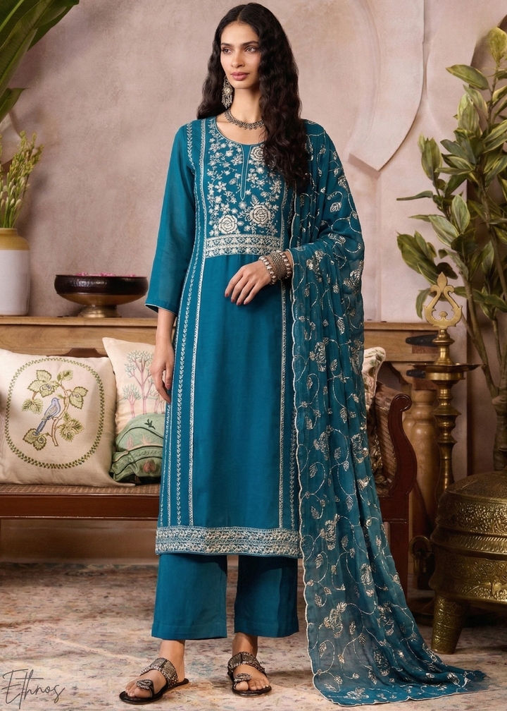Mediterranean Teal Metallic Rose Organza Palazzo Suit