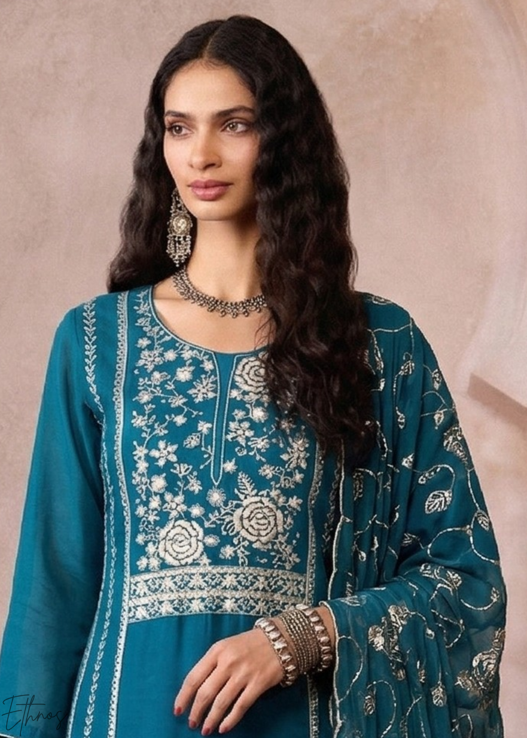 Mediterranean Teal Metallic Rose Organza Palazzo Suit