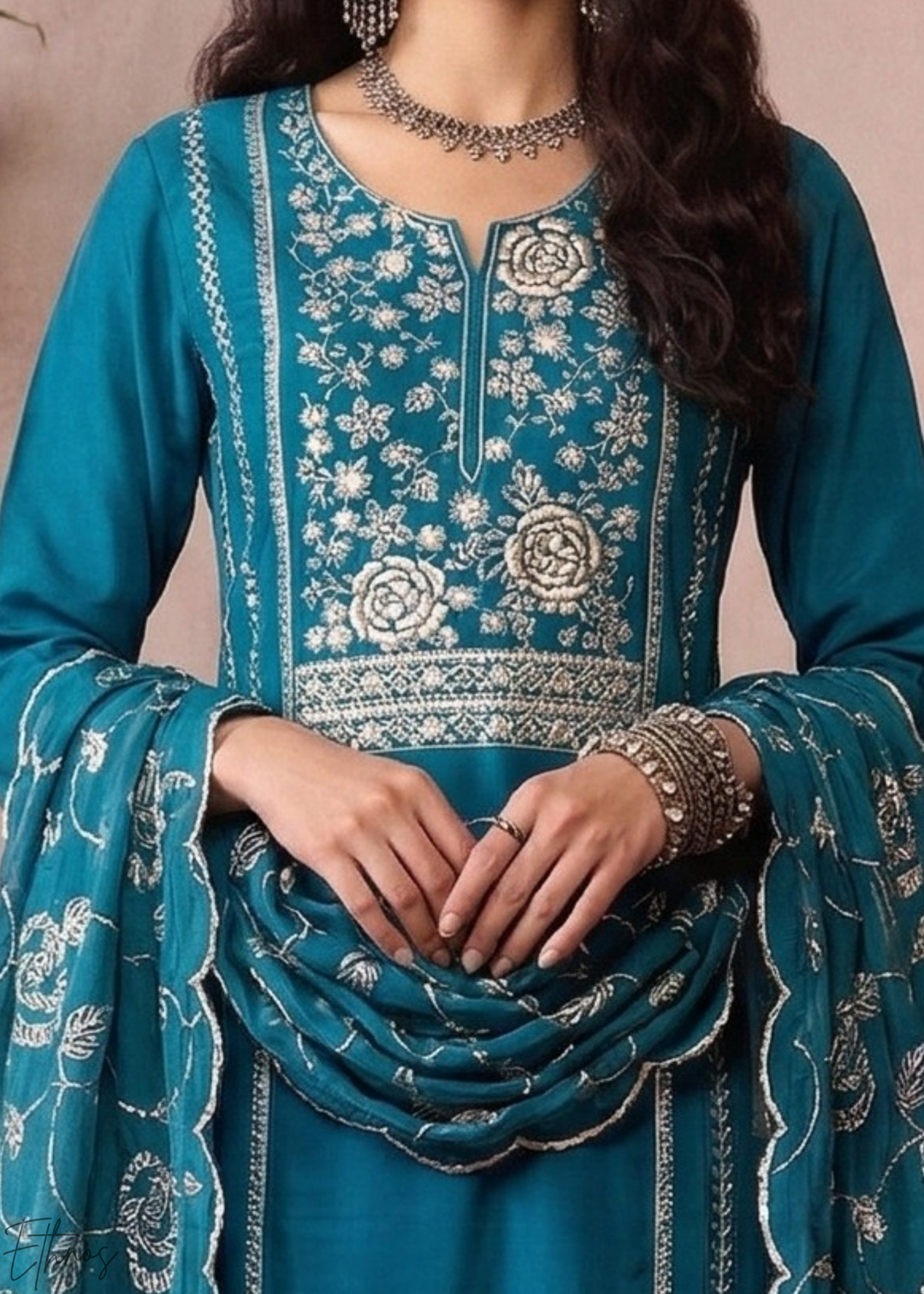 Mediterranean Teal Metallic Rose Organza Palazzo Suit