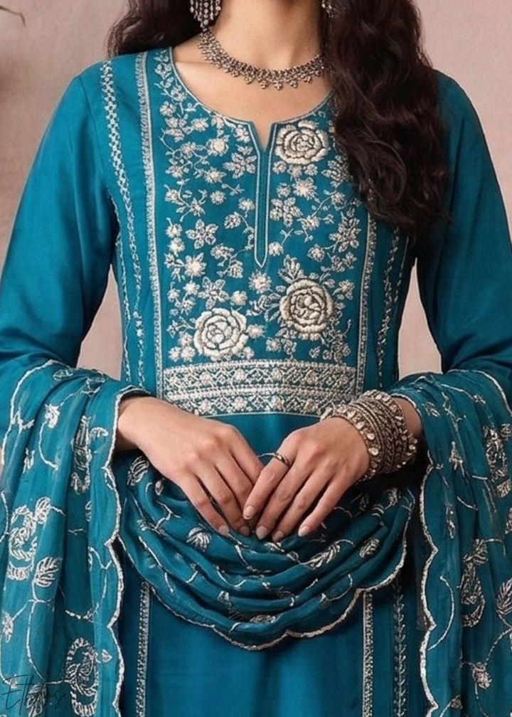 Mediterranean Teal Metallic Rose Organza Palazzo Suit