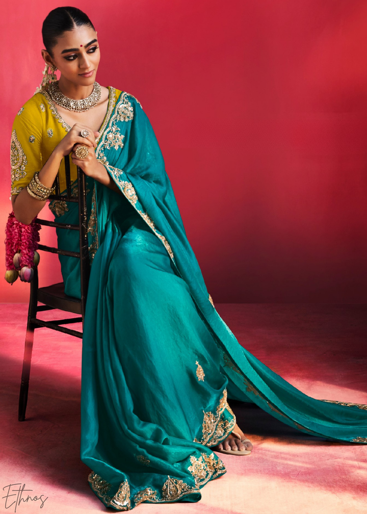 Mediterranean Teal Paisley Trim Border Soft Silk Saree