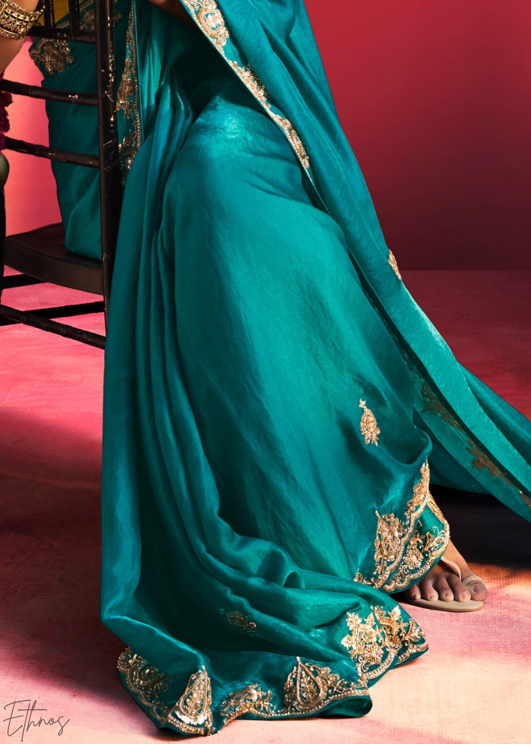 Mediterranean Teal Paisley Trim Border Soft Silk Saree