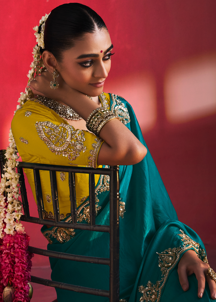 Mediterranean Teal Paisley Trim Border Soft Silk Saree