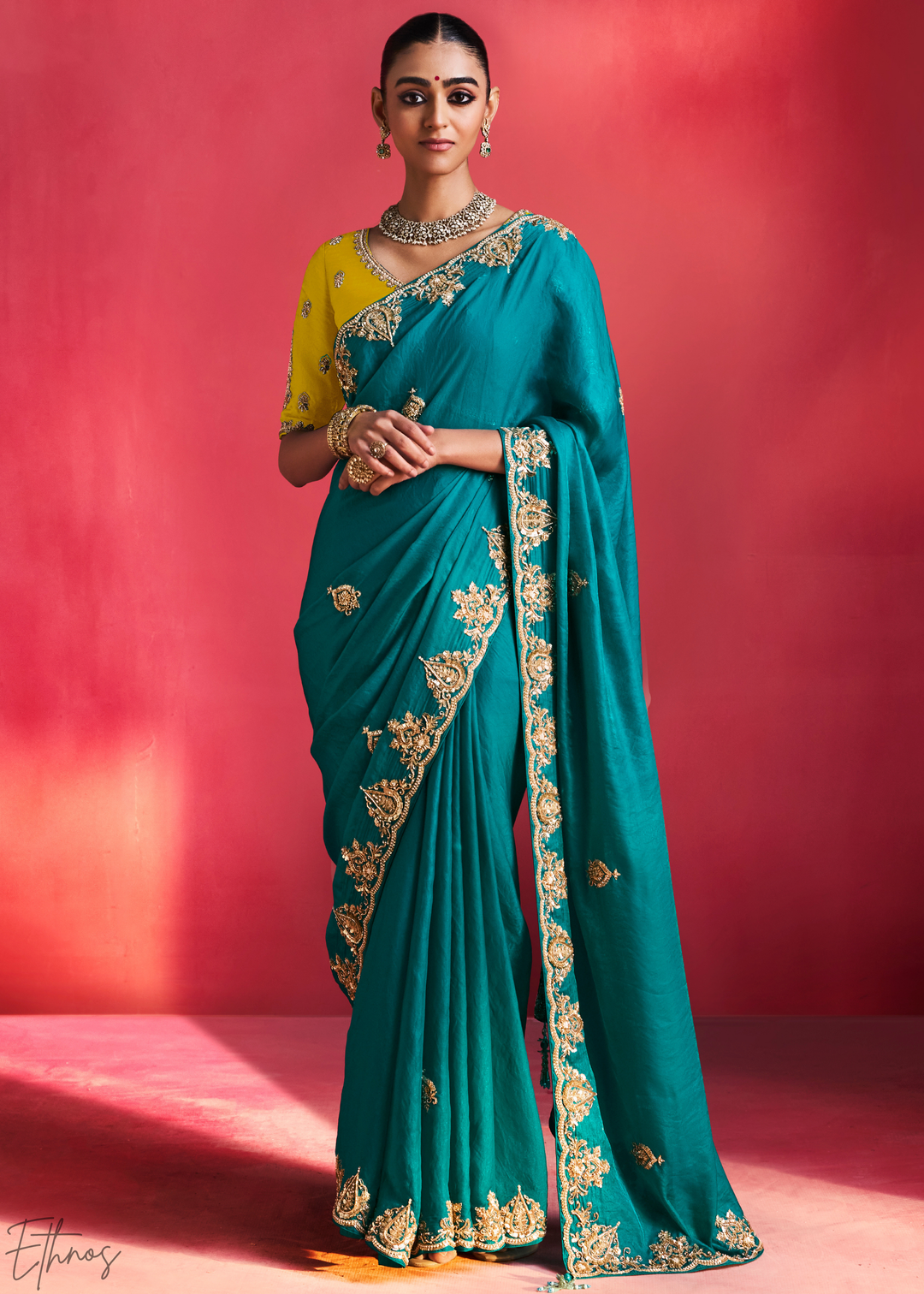 Mediterranean Teal Paisley Trim Border Soft Silk Saree
