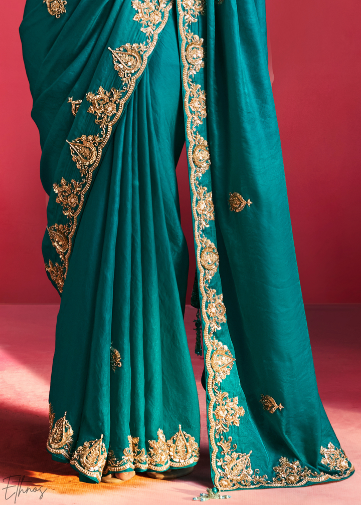 Mediterranean Teal Paisley Trim Border Soft Silk Saree