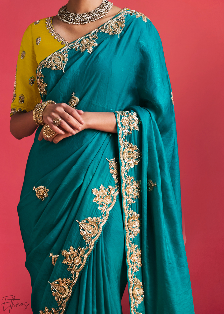 Mediterranean Teal Paisley Trim Border Soft Silk Saree