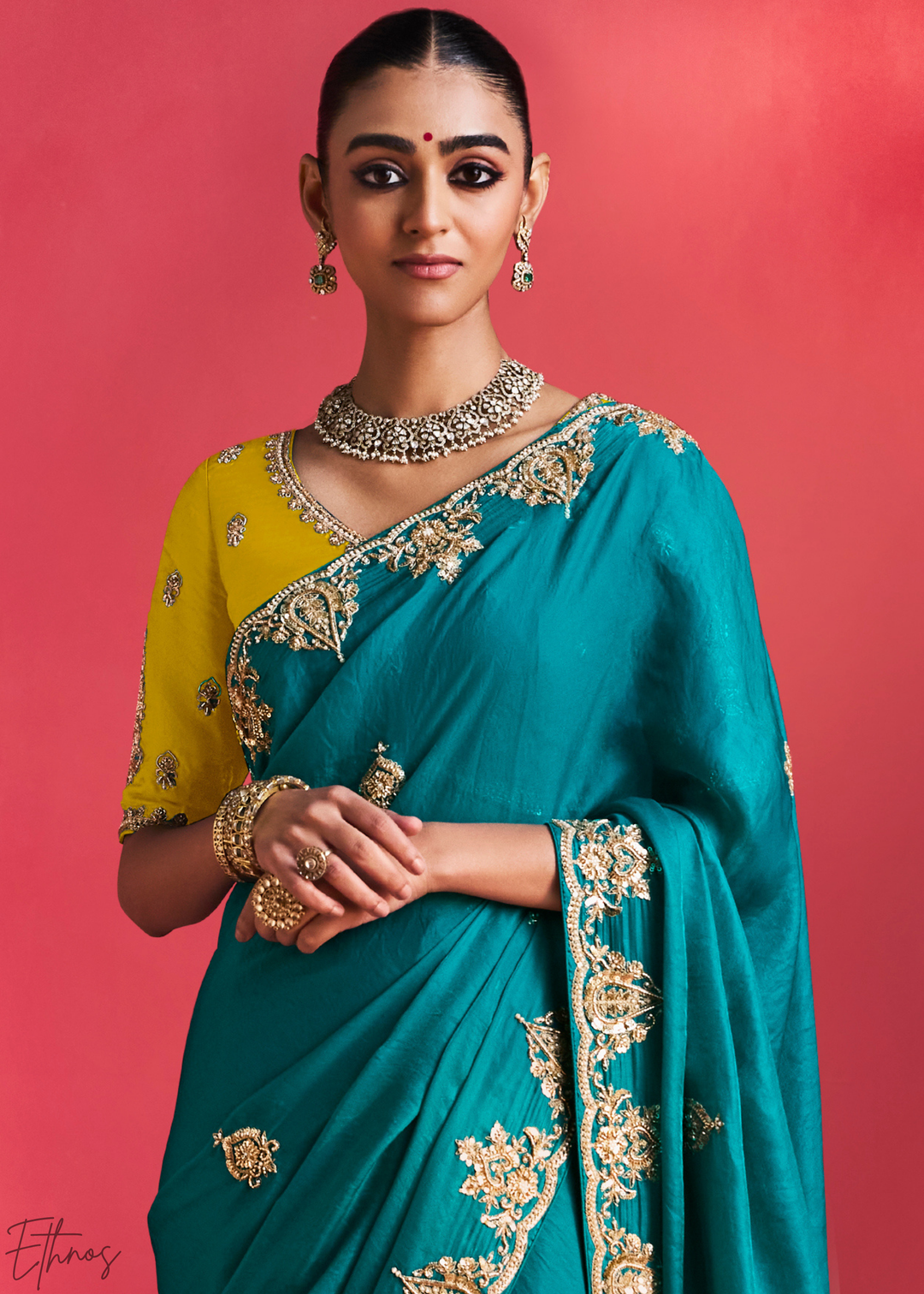 Mediterranean Teal Paisley Trim Border Soft Silk Saree