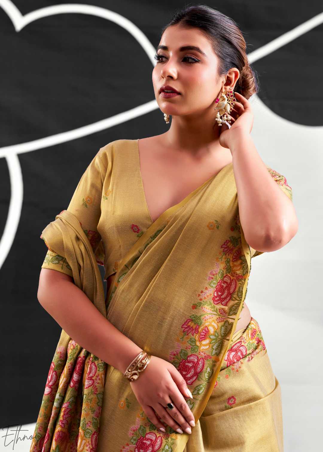 Metallic Beige Rose Border Saffron Tissue Saree