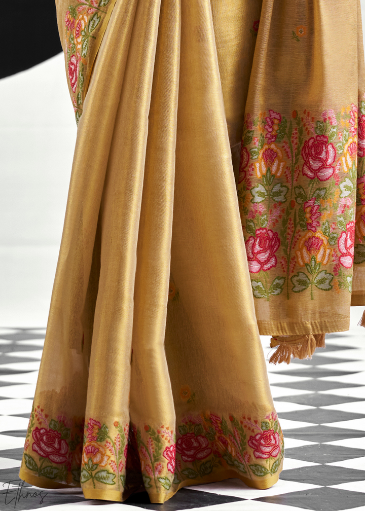 Metallic Beige Rose Border Saffron Tissue Saree