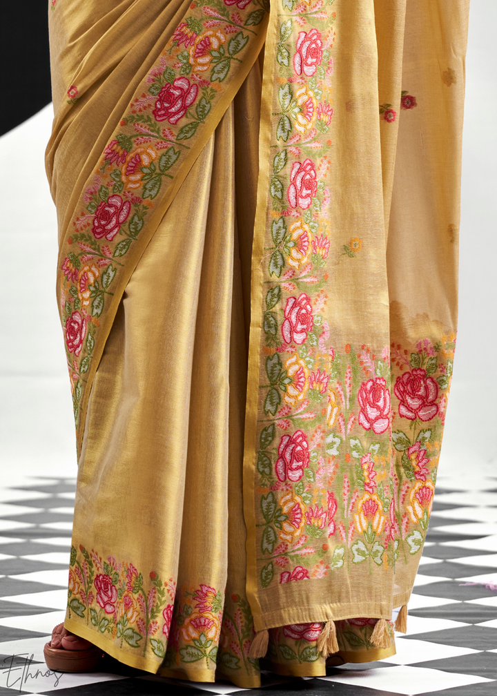 Metallic Beige Rose Border Saffron Tissue Saree