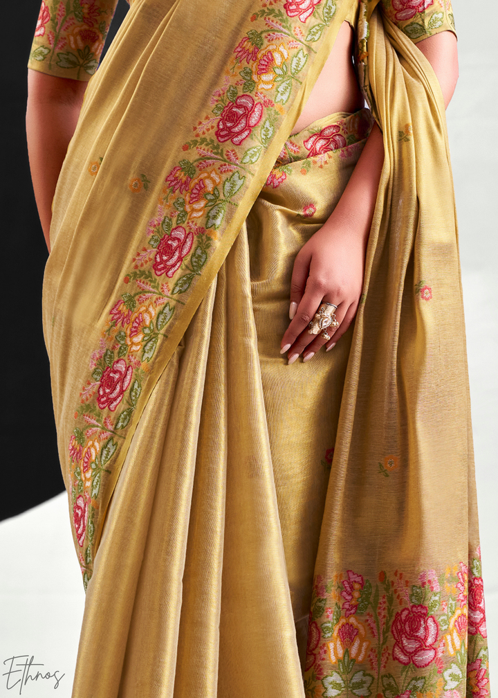 Metallic Beige Rose Border Saffron Tissue Saree