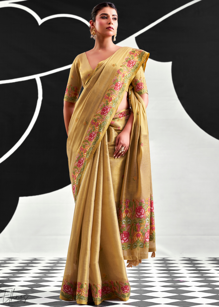 Metallic Beige Rose Border Saffron Tissue Saree