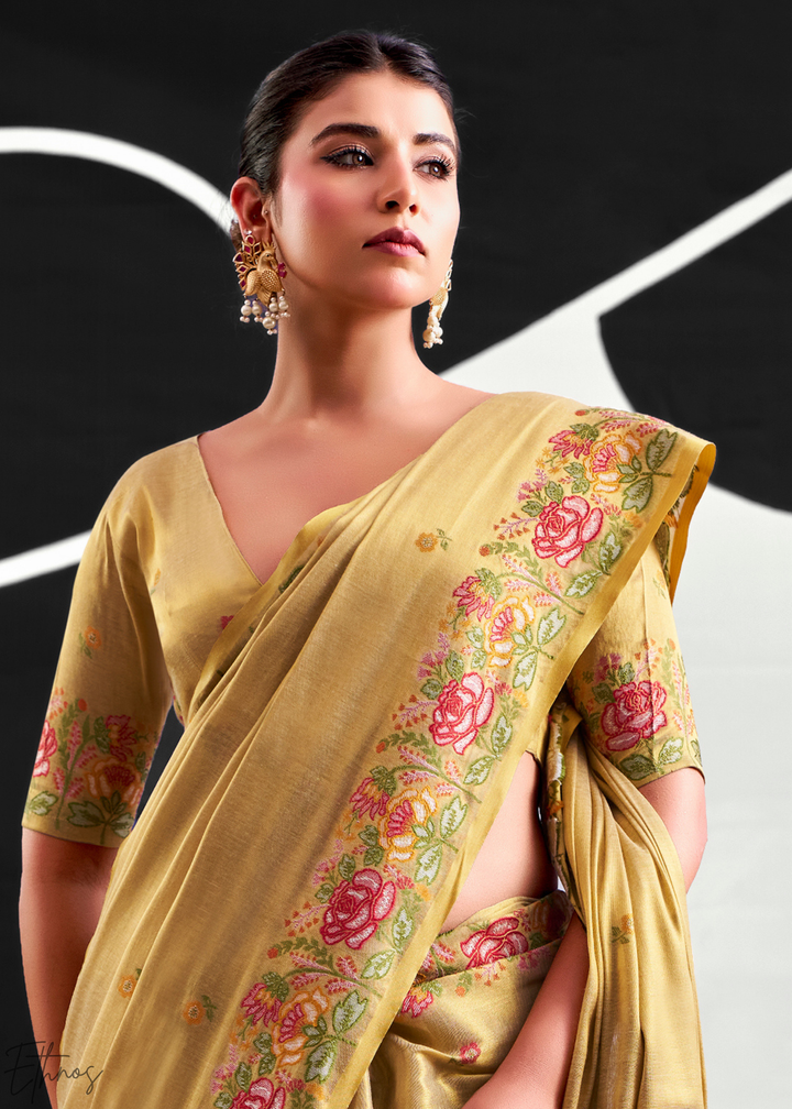 Metallic Beige Rose Border Saffron Tissue Saree