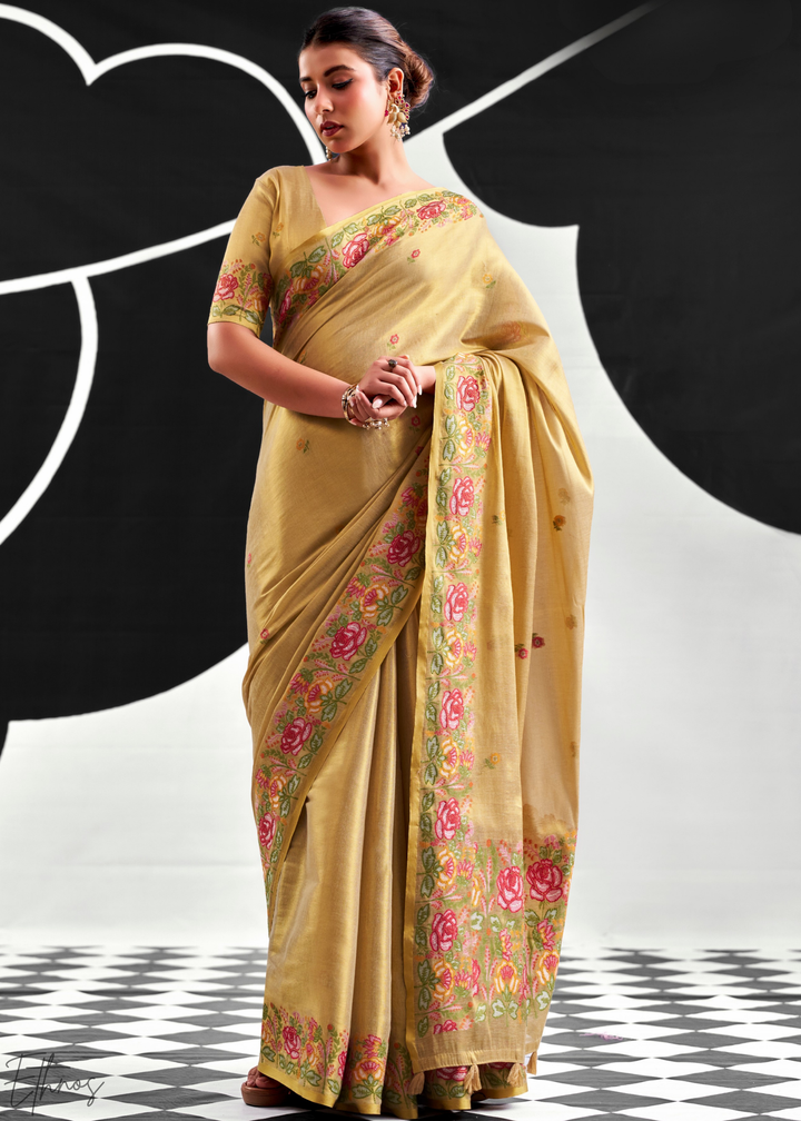 Metallic Beige Rose Border Saffron Tissue Saree