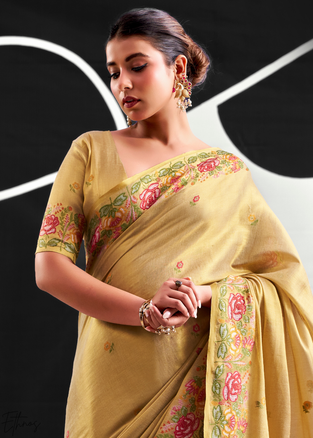 Metallic Beige Rose Border Saffron Tissue Saree