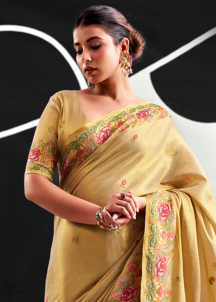 Metallic Beige Rose Border Saffron Tissue Saree